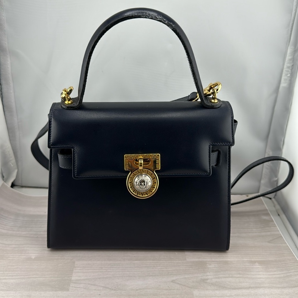 Versace Black Leather Top-Handle Satchel with Gold Hardware